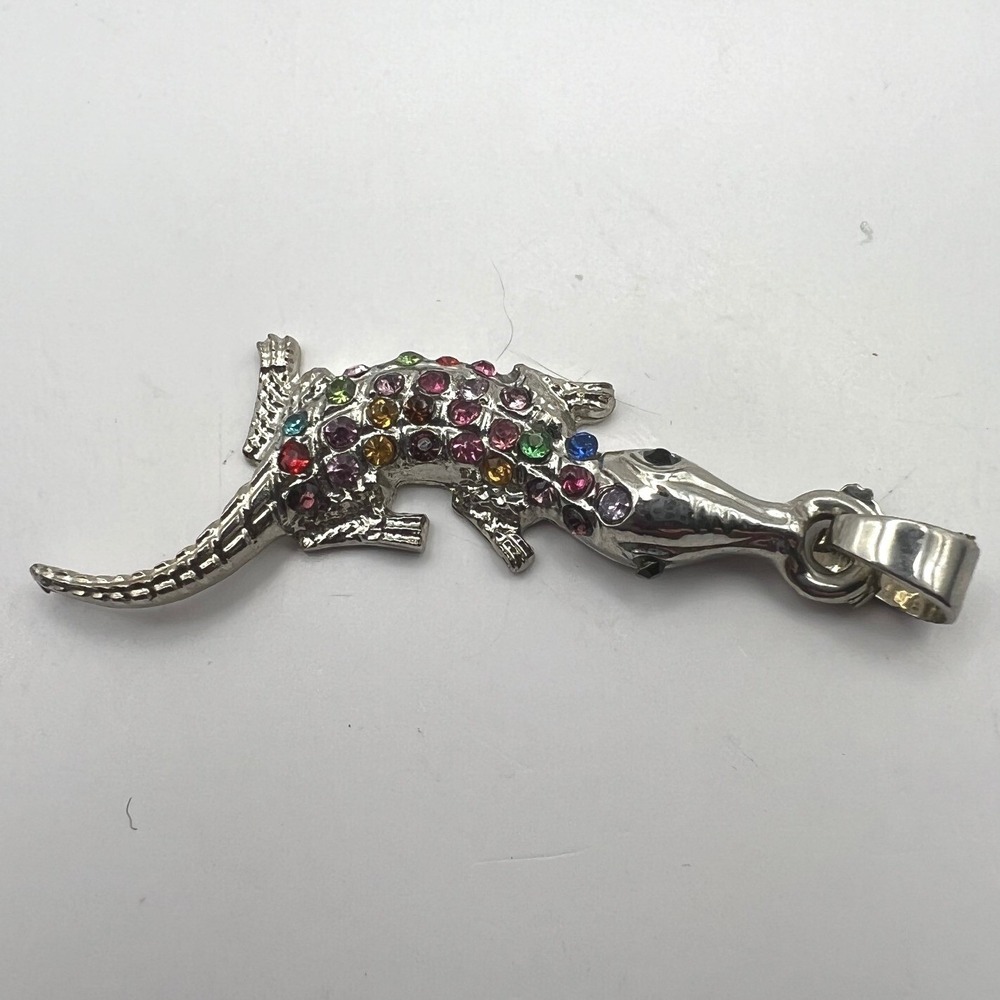 Vintage‎ Alligator Pendant Multi Color Crystal Stones Silver Tone